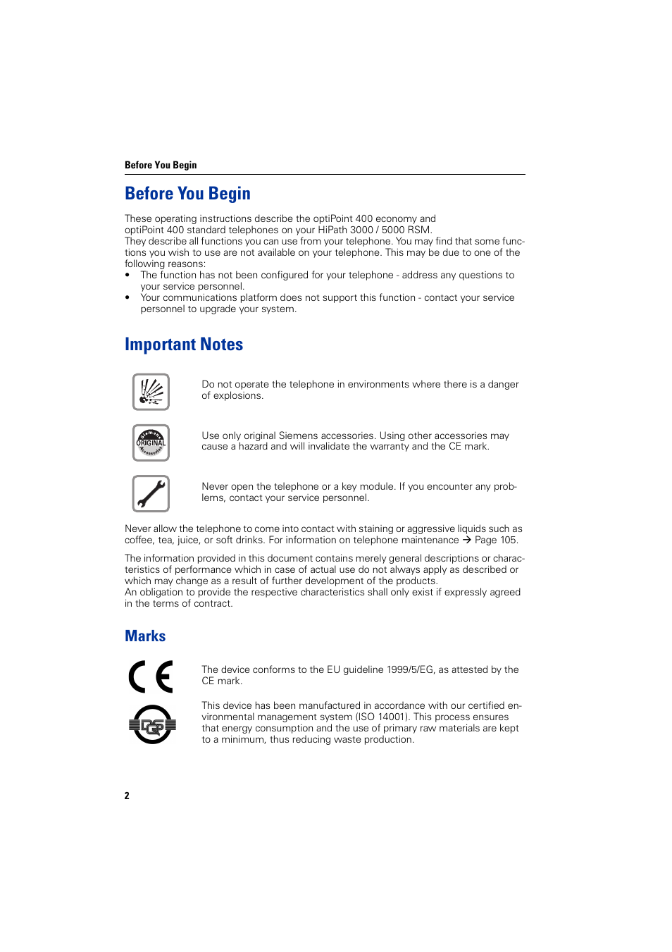 Before you begin, Marks | Siemens optiPoint 400 User Manual | Page 2 / 119