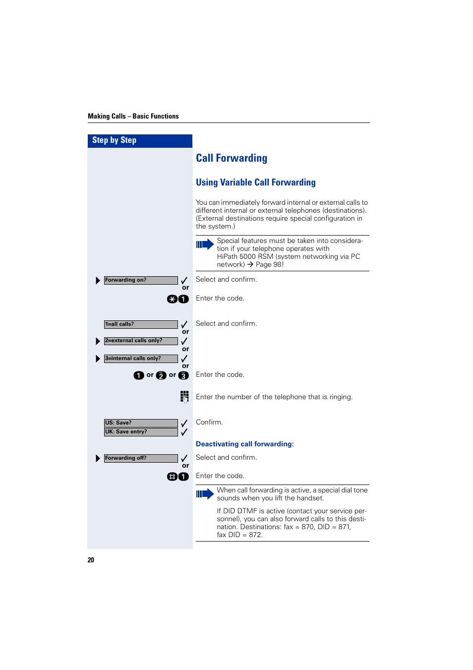 Call forwarding, Using variable call forwarding | Siemens optiPoint 400 User Manual | Page 20 / 119