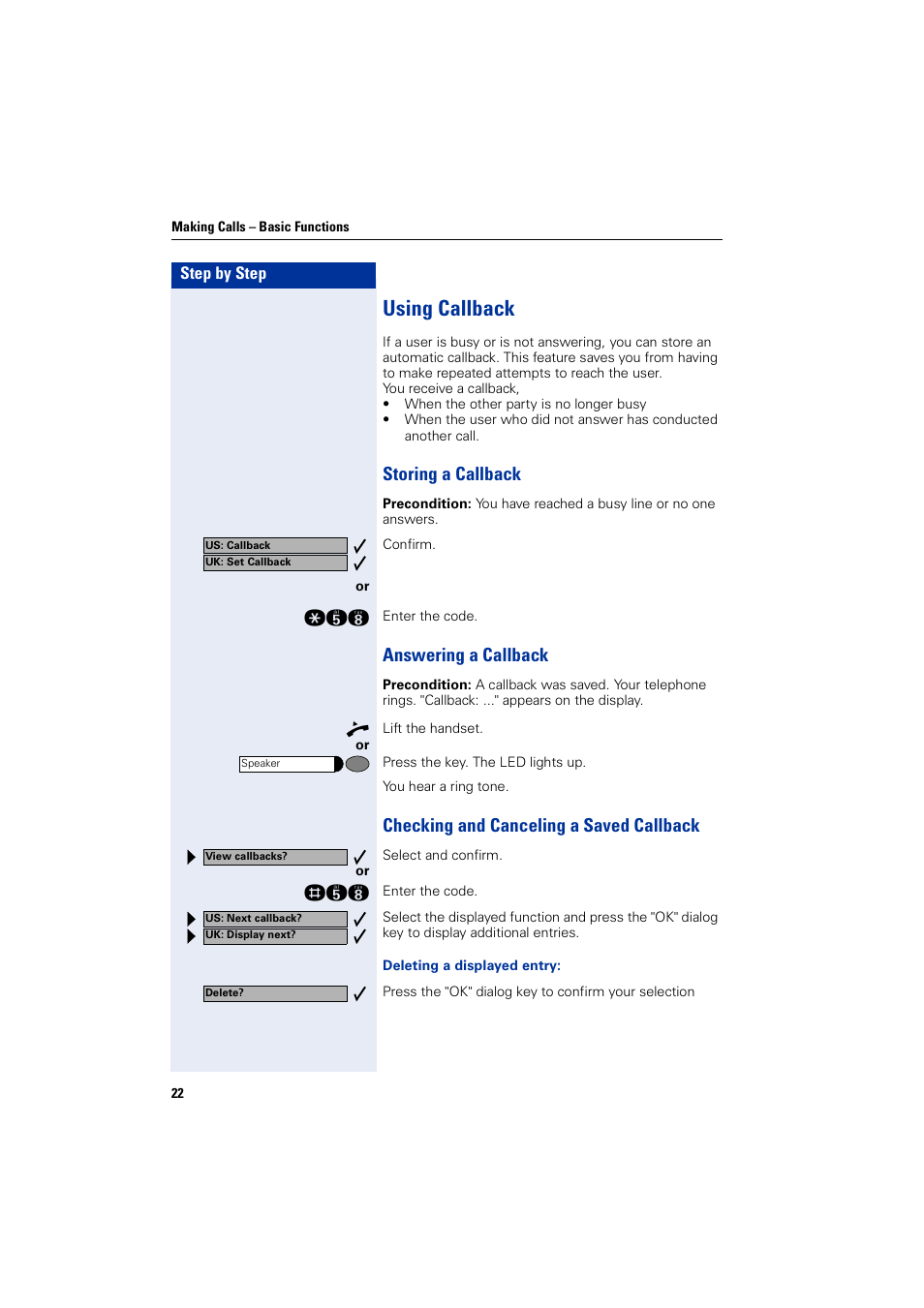 Using callback, Storing a callback, Answering a callback | Checking and canceling a saved callback | Siemens optiPoint 400 User Manual | Page 22 / 119