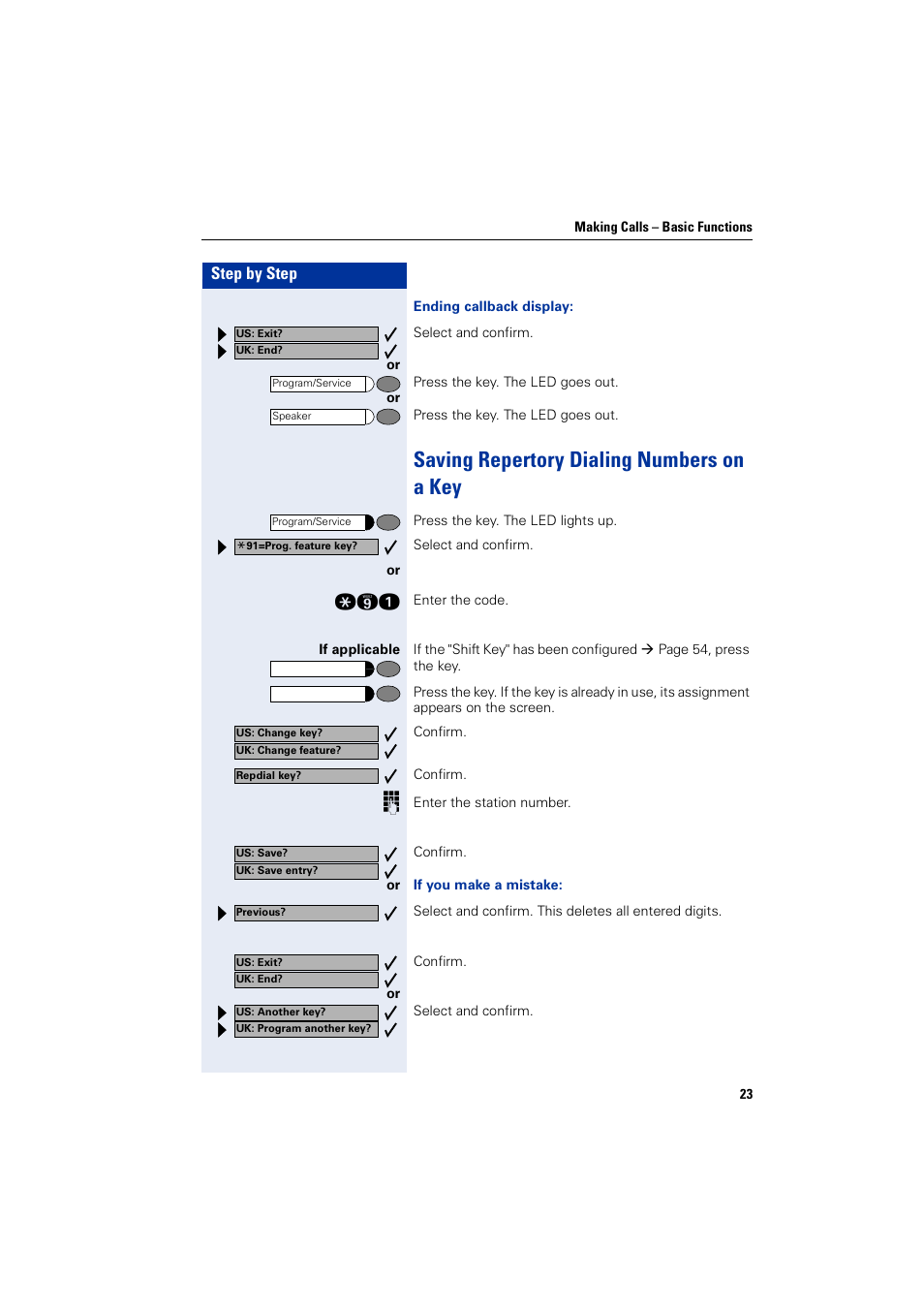 Saving repertory dialing numbers on a key, Step by step | Siemens optiPoint 400 User Manual | Page 23 / 119