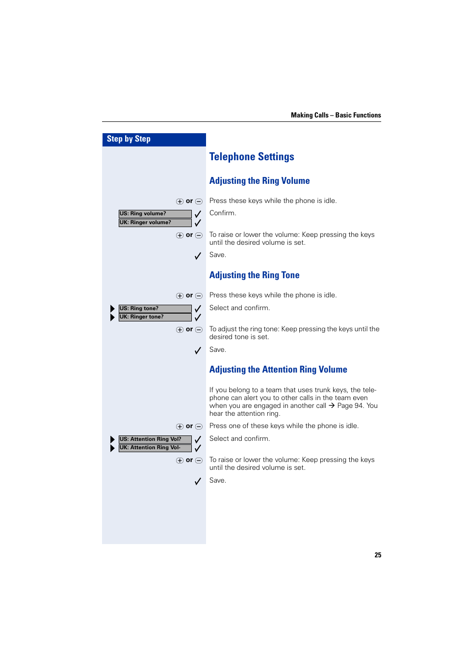 Telephone settings, Adjusting the ring volume, Adjusting the ring tone | Adjusting the attention ring volume | Siemens optiPoint 400 User Manual | Page 25 / 119