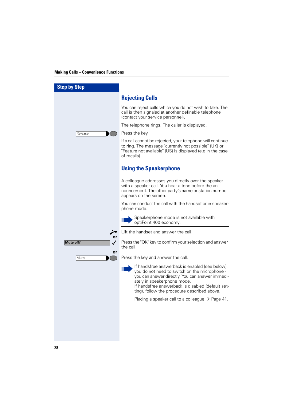 Rejecting calls, Using the speakerphone, Rejecting calls using the speakerphone | Siemens optiPoint 400 User Manual | Page 28 / 119