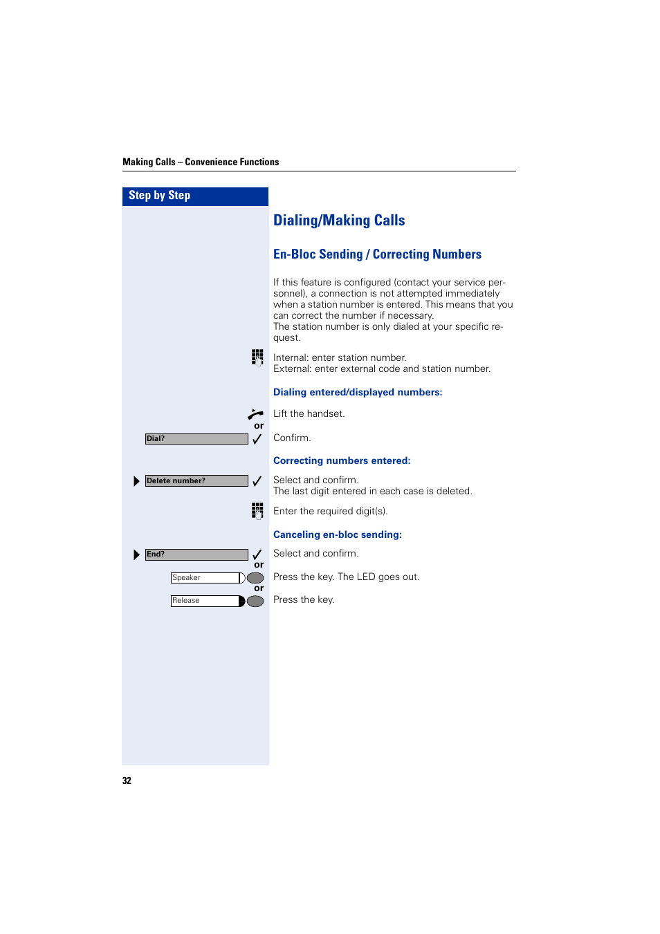 Dialing/making calls, En-bloc sending / correcting numbers | Siemens optiPoint 400 User Manual | Page 32 / 119