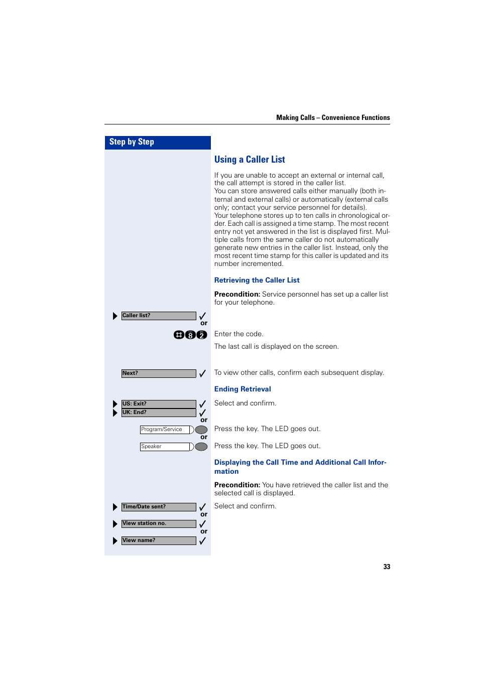 Using a caller list, Step by step | Siemens optiPoint 400 User Manual | Page 33 / 119