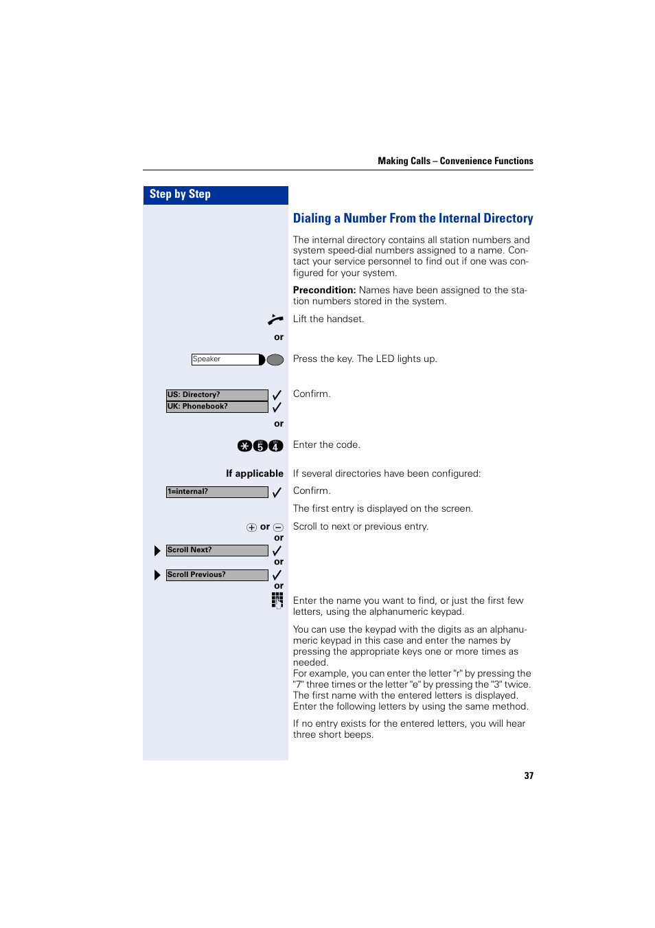 Dialing a number from the internal directory, Dialing a number from the internal directory | Siemens optiPoint 400 User Manual | Page 37 / 119