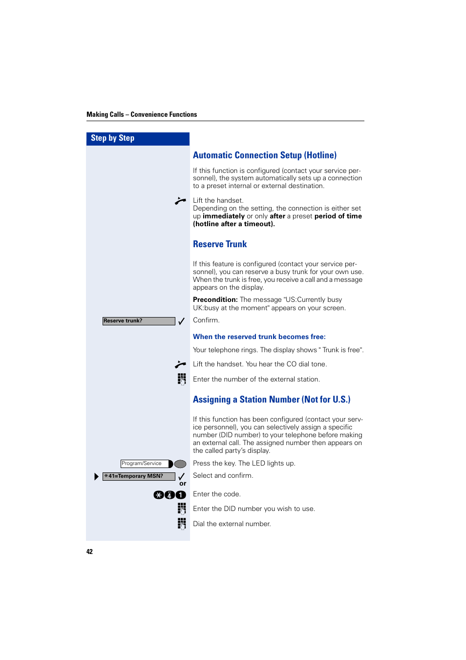 Automatic connection setup (hotline), Reserve trunk, Assigning a station number (notforu.s.) | Assigning a station number (not for u.s.) | Siemens optiPoint 400 User Manual | Page 42 / 119