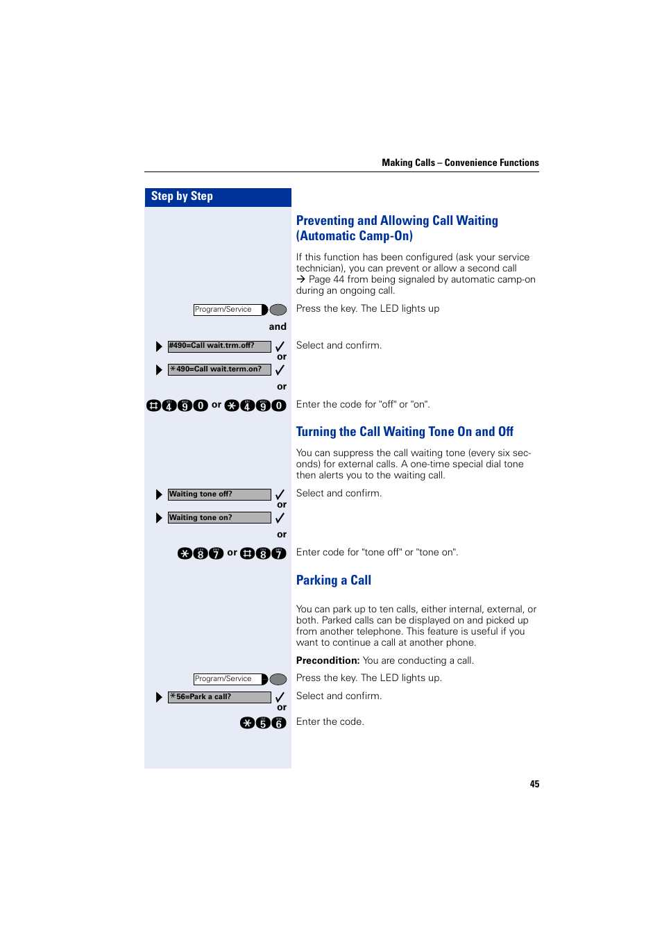 Turning the call waiting tone on and off, Parking a call | Siemens optiPoint 400 User Manual | Page 45 / 119