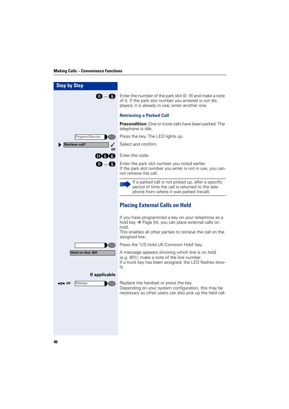 Placing external calls on hold | Siemens optiPoint 400 User Manual | Page 46 / 119