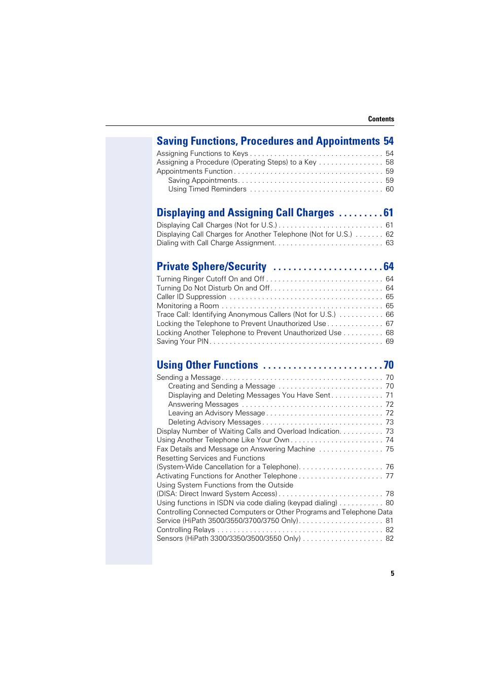 Saving functions, procedures and appointments 54, Displaying and assigning call charges, Private sphere/security | Using other functions | Siemens optiPoint 400 User Manual | Page 5 / 119