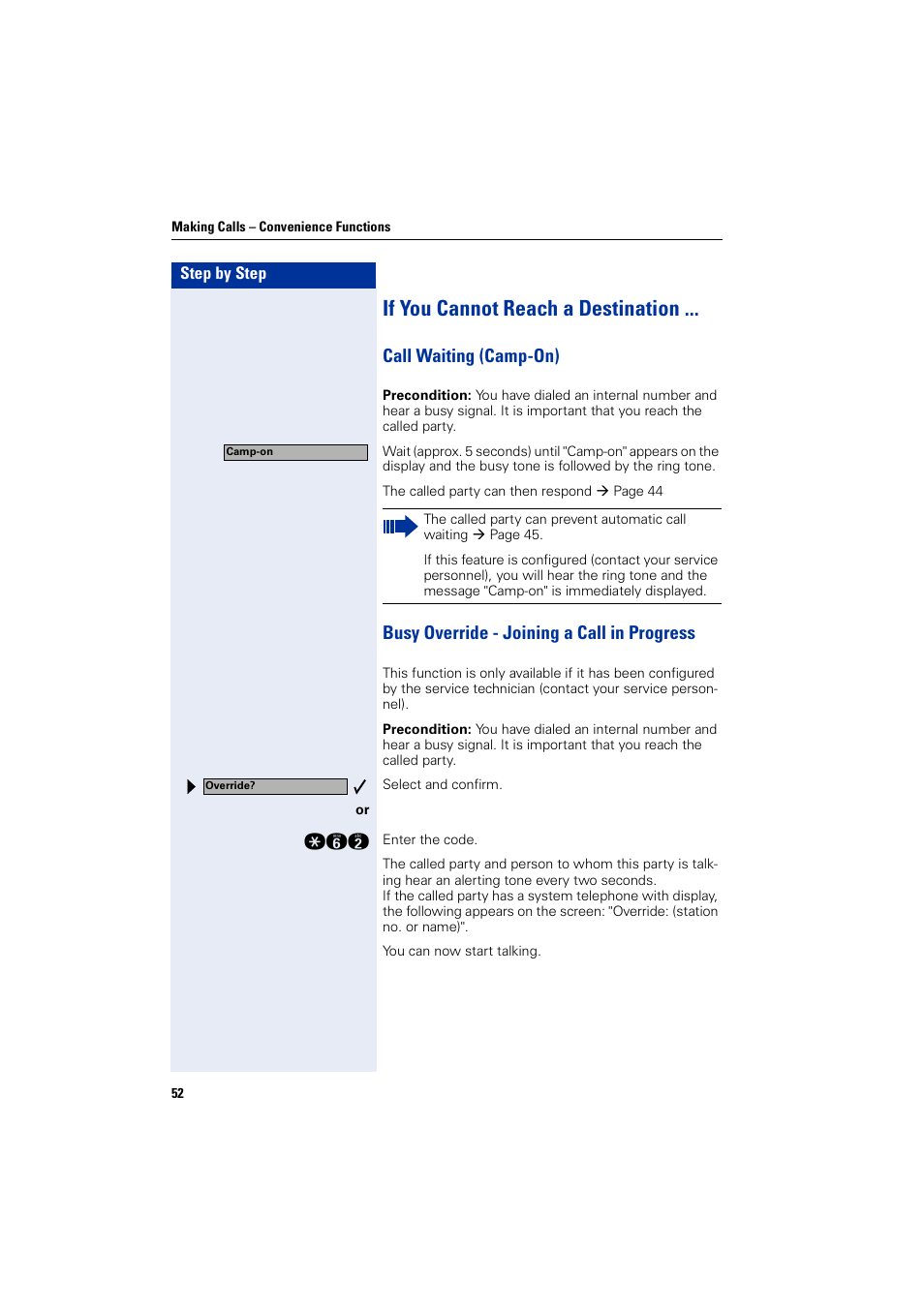 If you cannot reach a destination, Call waiting (camp-on), Busy override - joining a call in progress | Siemens optiPoint 400 User Manual | Page 52 / 119