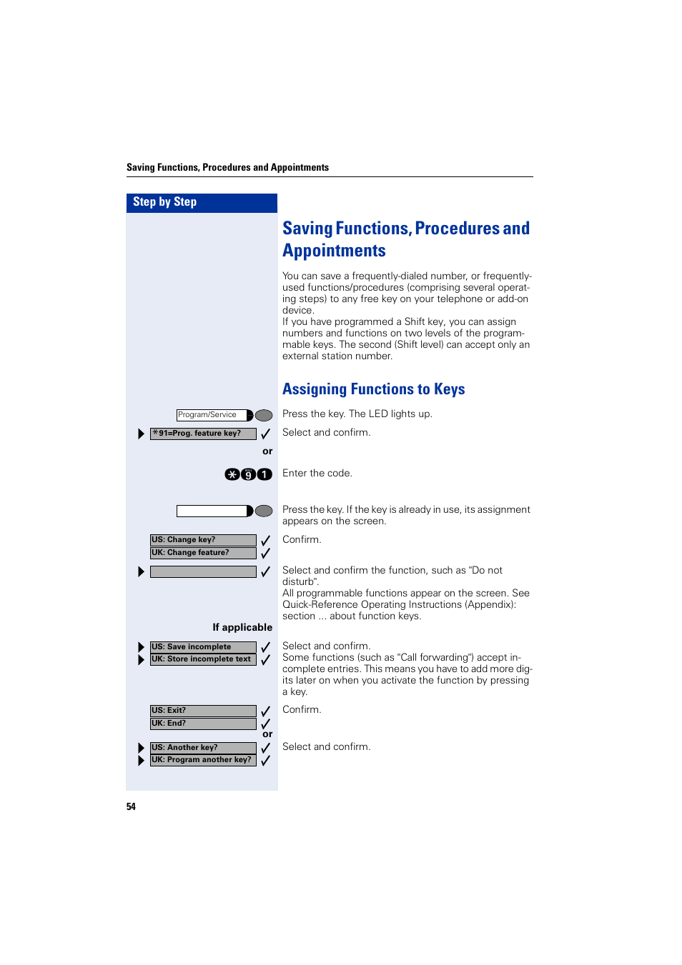 Saving functions, procedures and appointments, Assigning functions to keys, Saving functions, procedures and appointments 54 | Saving functions, procedures and appointments | Siemens optiPoint 400 User Manual | Page 54 / 119