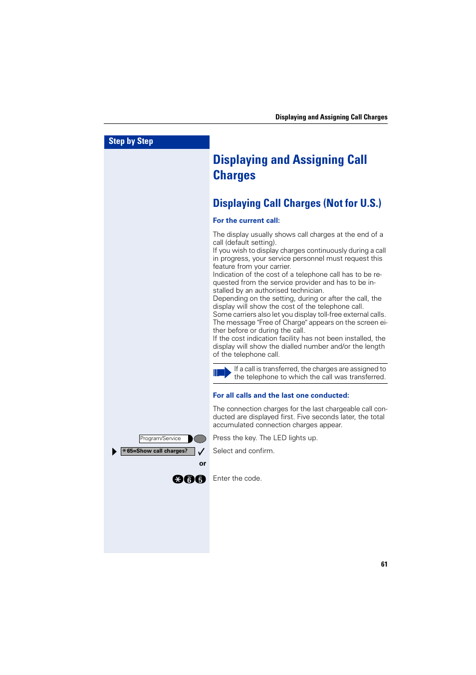 Displaying and assigning call charges, Displaying call charges (not for u.s.) | Siemens optiPoint 400 User Manual | Page 61 / 119