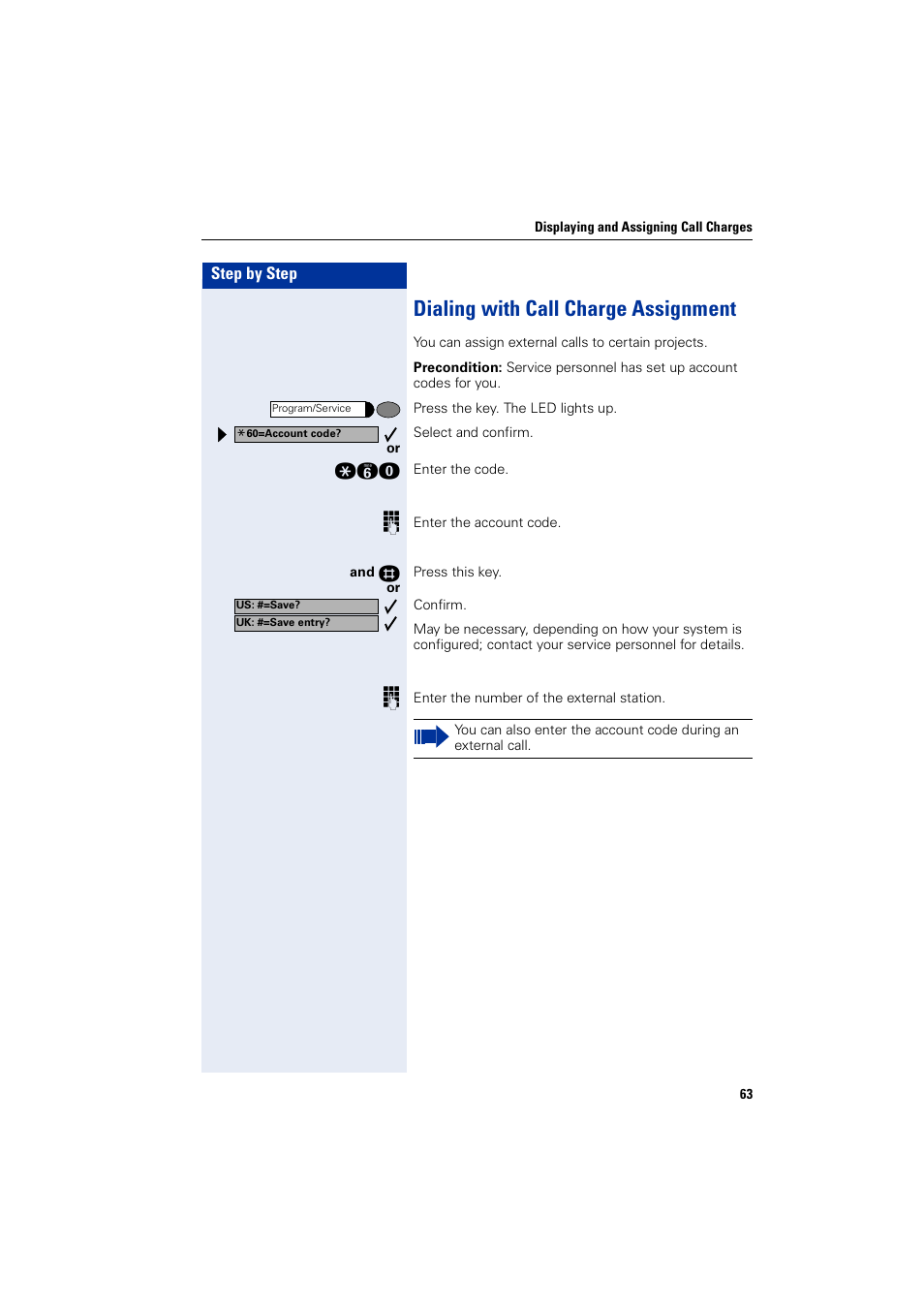 Dialing with call charge assignment | Siemens optiPoint 400 User Manual | Page 63 / 119