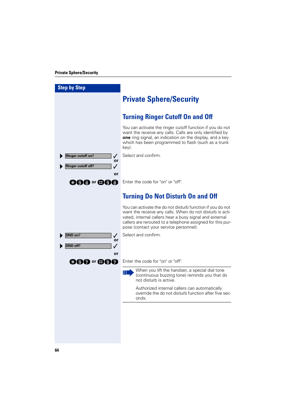 Private sphere/security, Turning ringer cutoff on and off, Turning do not disturb on and off | Siemens optiPoint 400 User Manual | Page 64 / 119