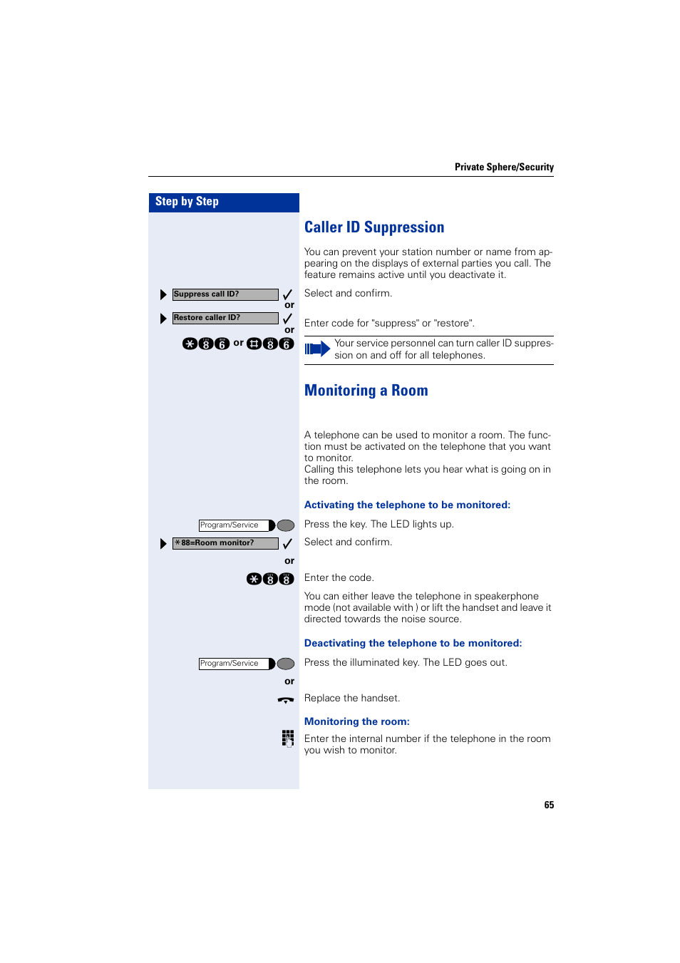 Caller id suppression, Monitoring a room, Caller id suppression monitoring a room | Siemens optiPoint 400 User Manual | Page 65 / 119