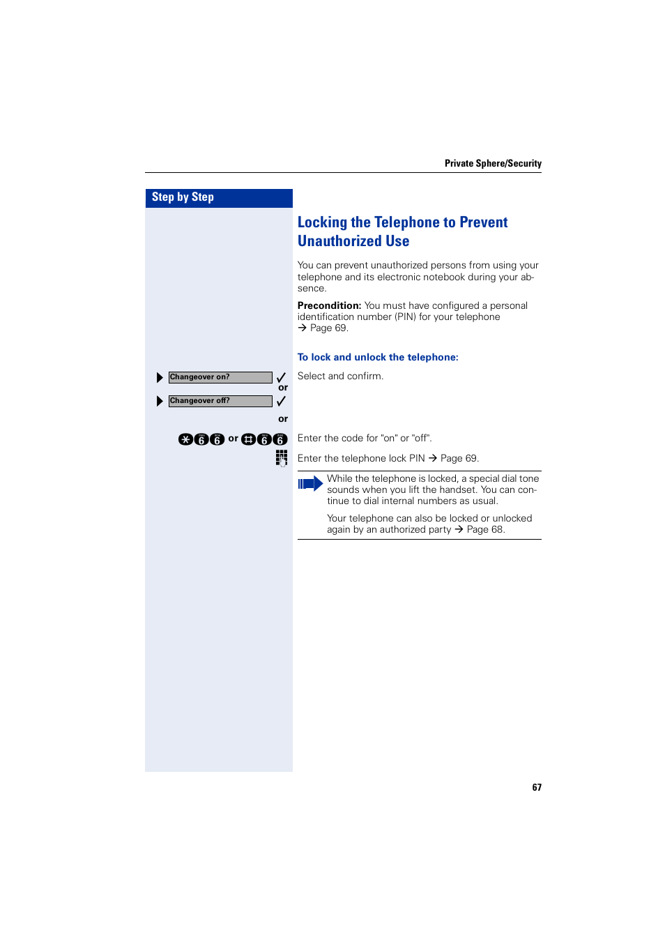 Locking the telephone to prevent unauthorized use, Locking the telephone to prevent unauthorized use | Siemens optiPoint 400 User Manual | Page 67 / 119