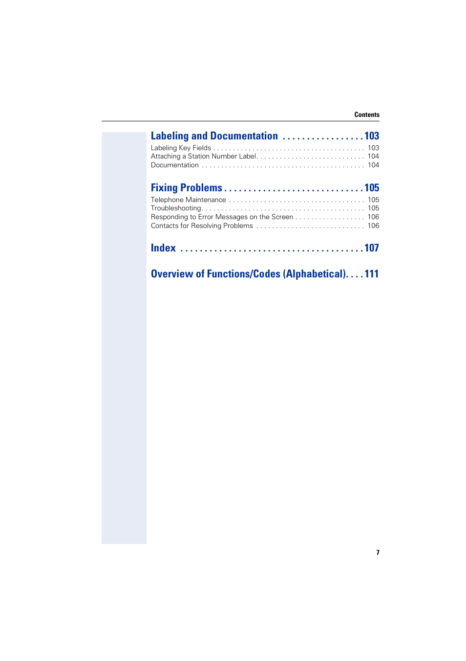 Labeling and documentation, Fixing problems, Index overview of functions/codes (alphabetical) | Siemens optiPoint 400 User Manual | Page 7 / 119