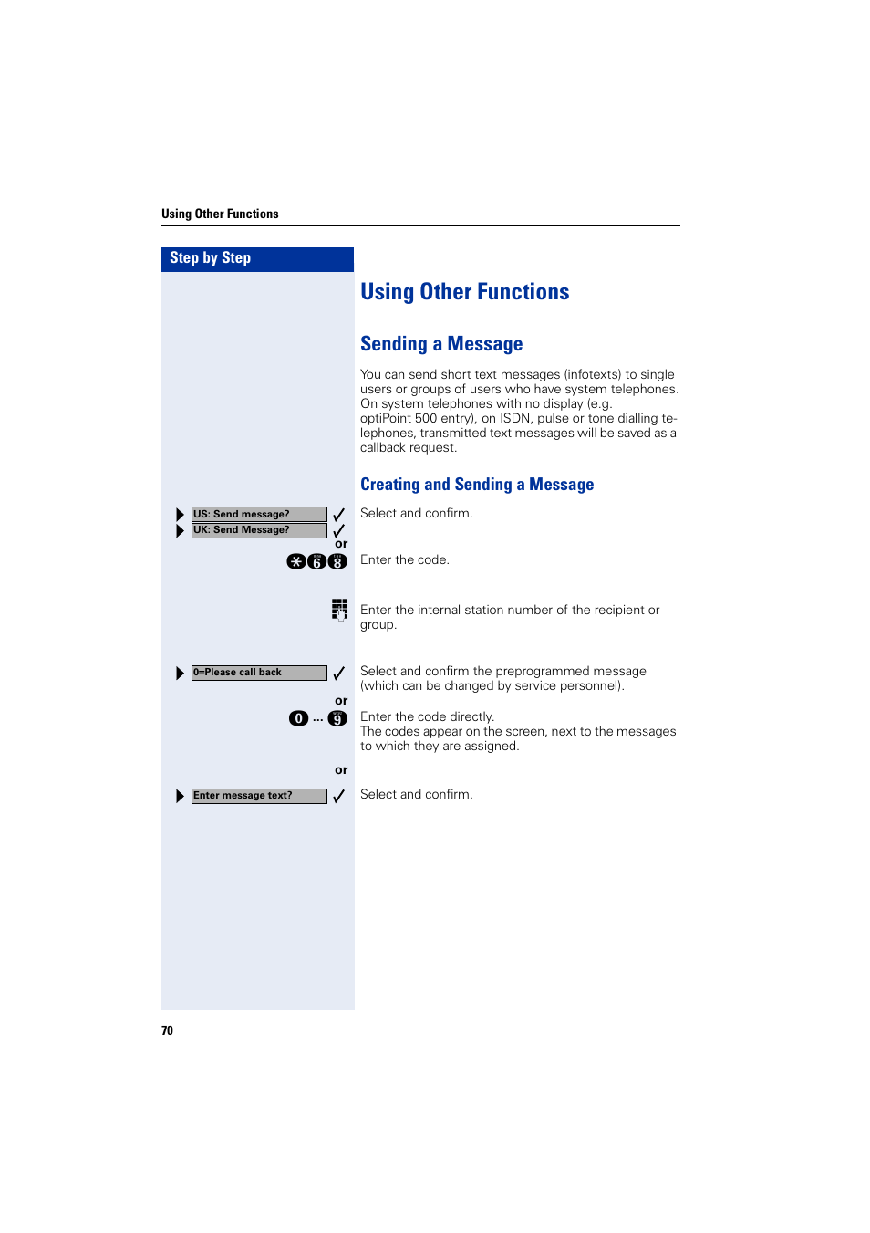 Using other functions, Sending a message, Creating and sending a message | Siemens optiPoint 400 User Manual | Page 70 / 119