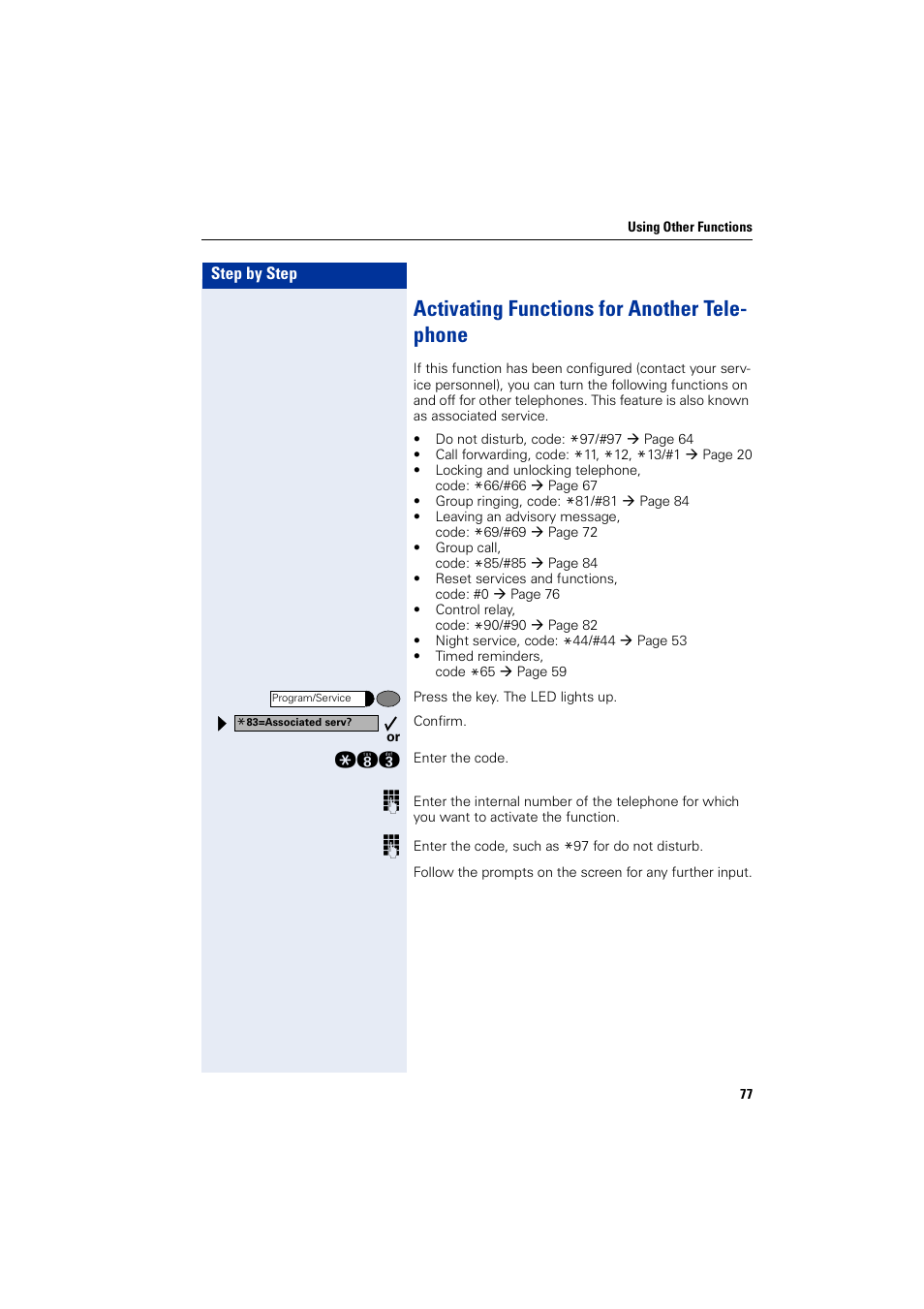 Activating functions for another telephone, Activating functions for another tele- phone | Siemens optiPoint 400 User Manual | Page 77 / 119