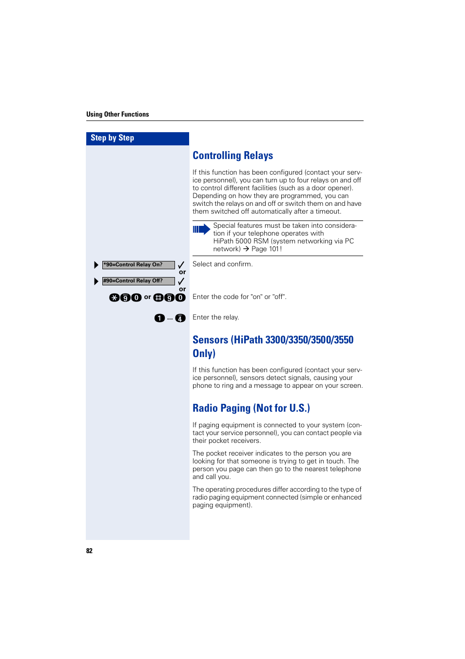 Controlling relays, Sensors (hipath3300/3350/3500/3550 only), Radio paging (not for u.s.) | Siemens optiPoint 400 User Manual | Page 82 / 119