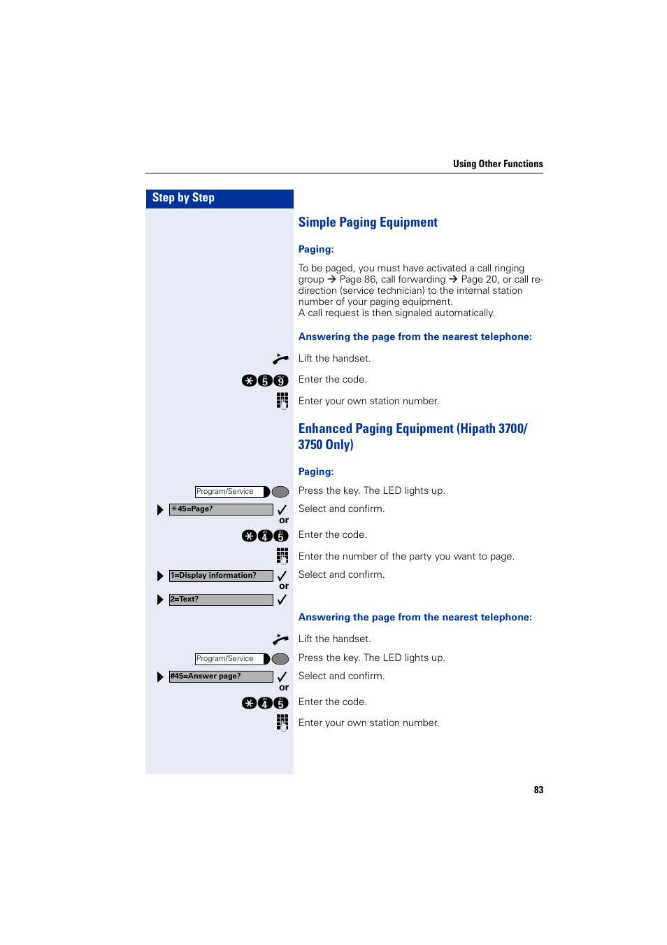 Simple paging equipment, Enhanced paging equipment (hipath3700/ 3750 only) | Siemens optiPoint 400 User Manual | Page 83 / 119