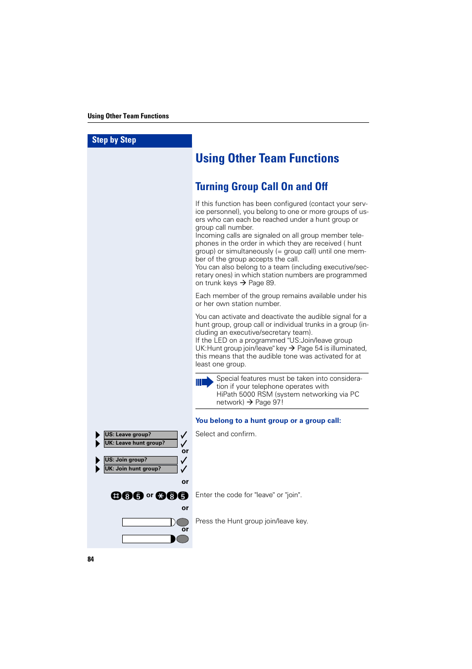 Using other team functions, Turning group call on and off | Siemens optiPoint 400 User Manual | Page 84 / 119