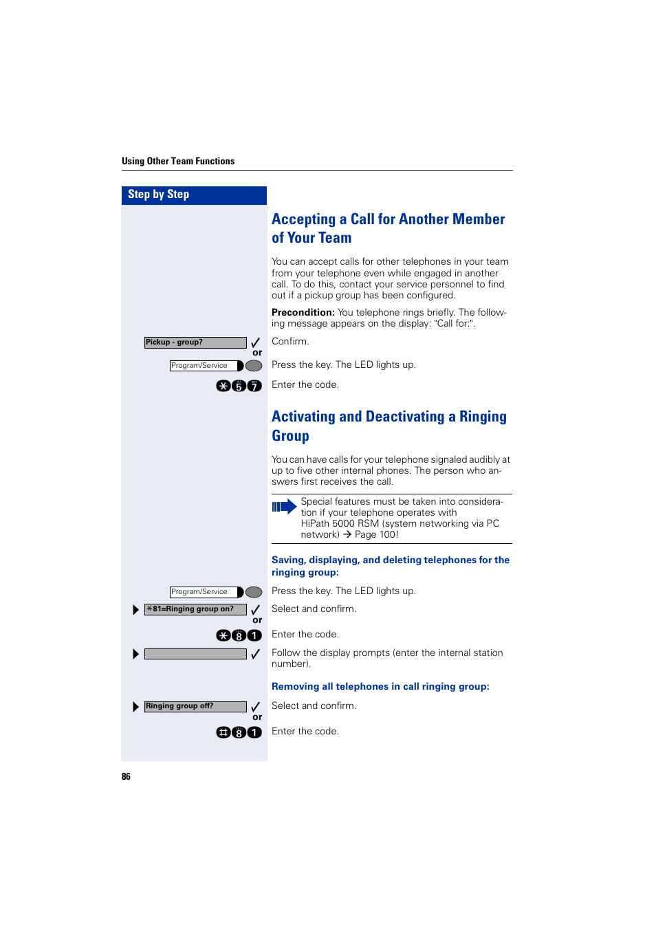 Accepting a call for another member of your team, Activating and deactivating a ringing group | Siemens optiPoint 400 User Manual | Page 86 / 119