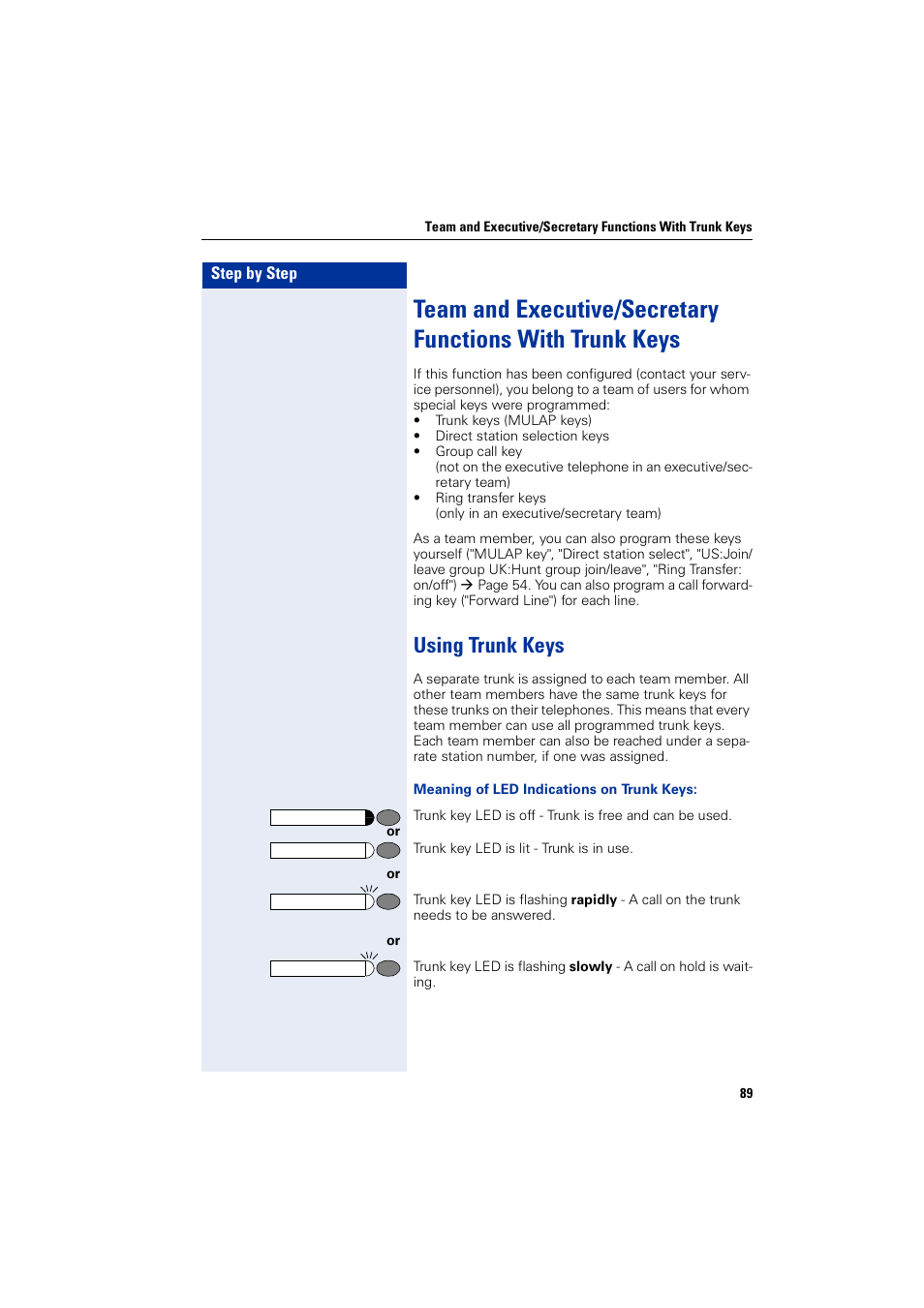 Using trunk keys | Siemens optiPoint 400 User Manual | Page 89 / 119