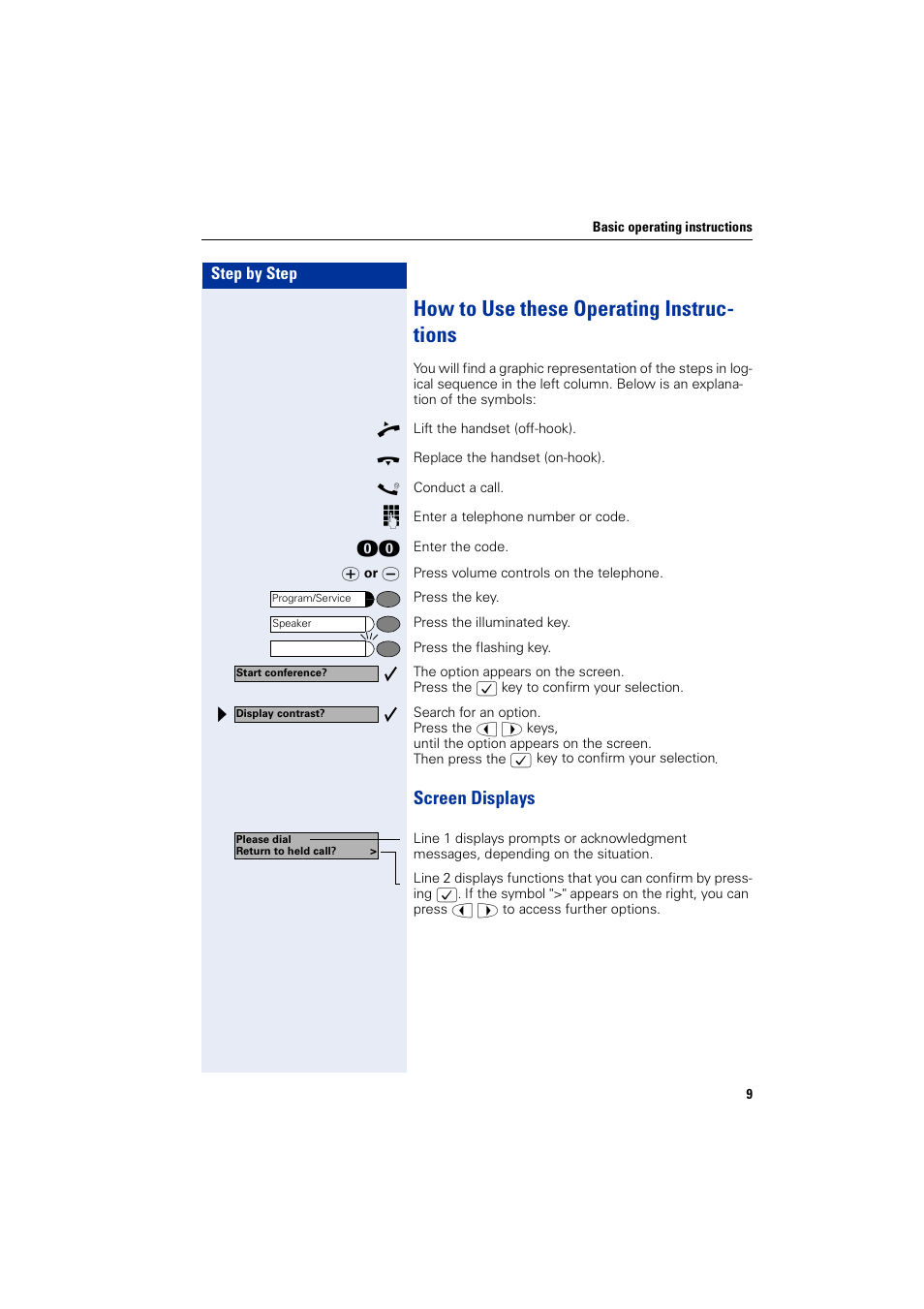 How to use these operating instructions, Screen displays, How to use these operating instruc- tions | Siemens optiPoint 400 User Manual | Page 9 / 119