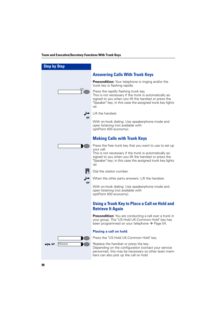 Answering calls with trunk keys, Making calls with trunk keys | Siemens optiPoint 400 User Manual | Page 90 / 119