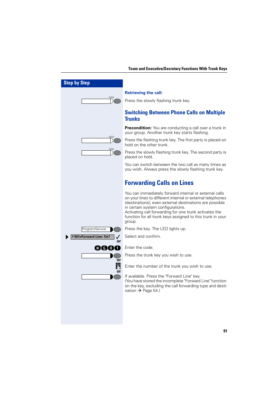 Switching between phone calls on multiple trunks, Forwarding calls on lines | Siemens optiPoint 400 User Manual | Page 91 / 119