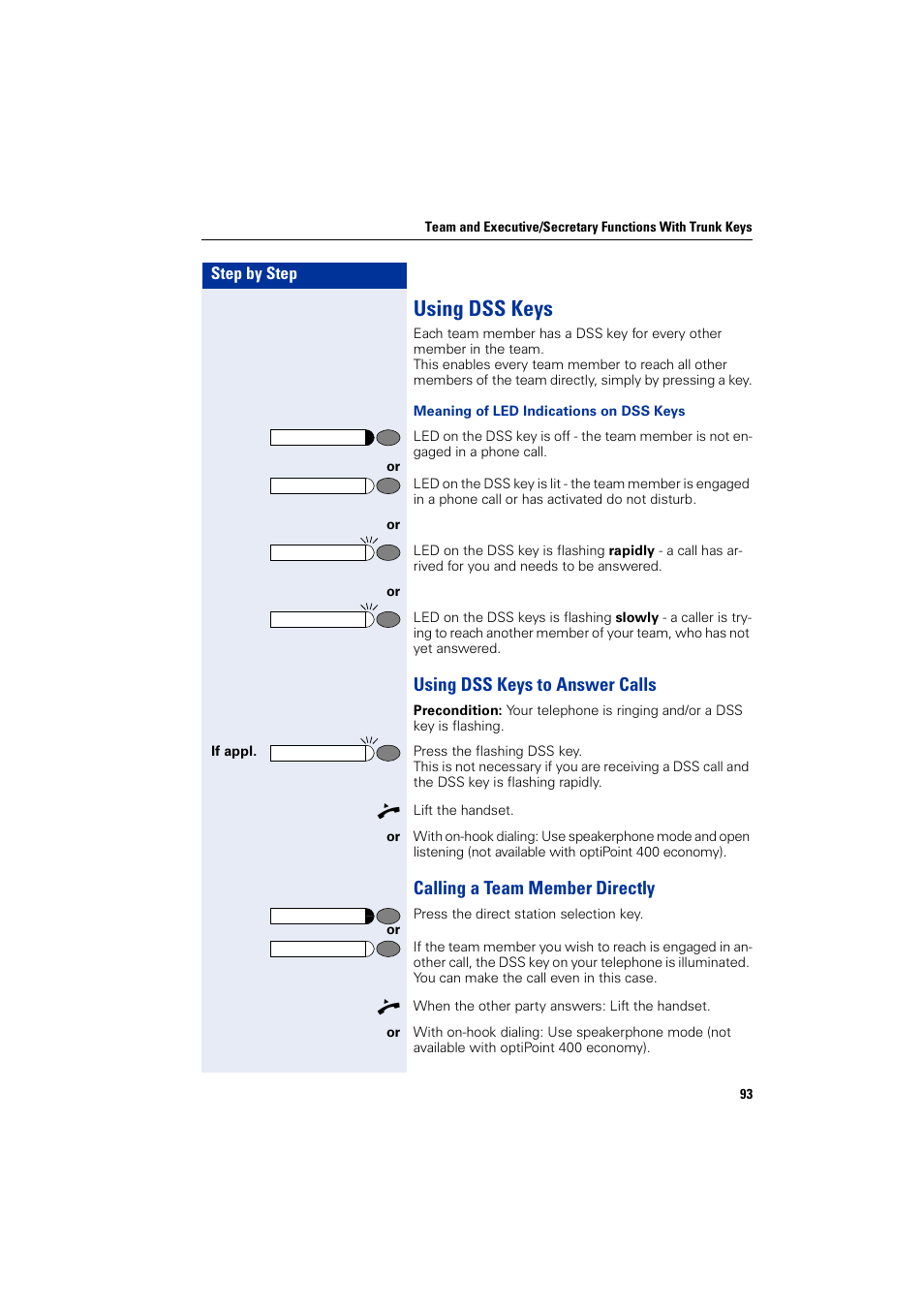 Using dss keys, Using dss keys to answer calls, Calling a team member directly | Siemens optiPoint 400 User Manual | Page 93 / 119