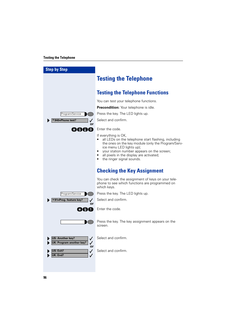 Testing the telephone, Testing the telephone functions, Checking the key assignment | Siemens optiPoint 400 User Manual | Page 96 / 119