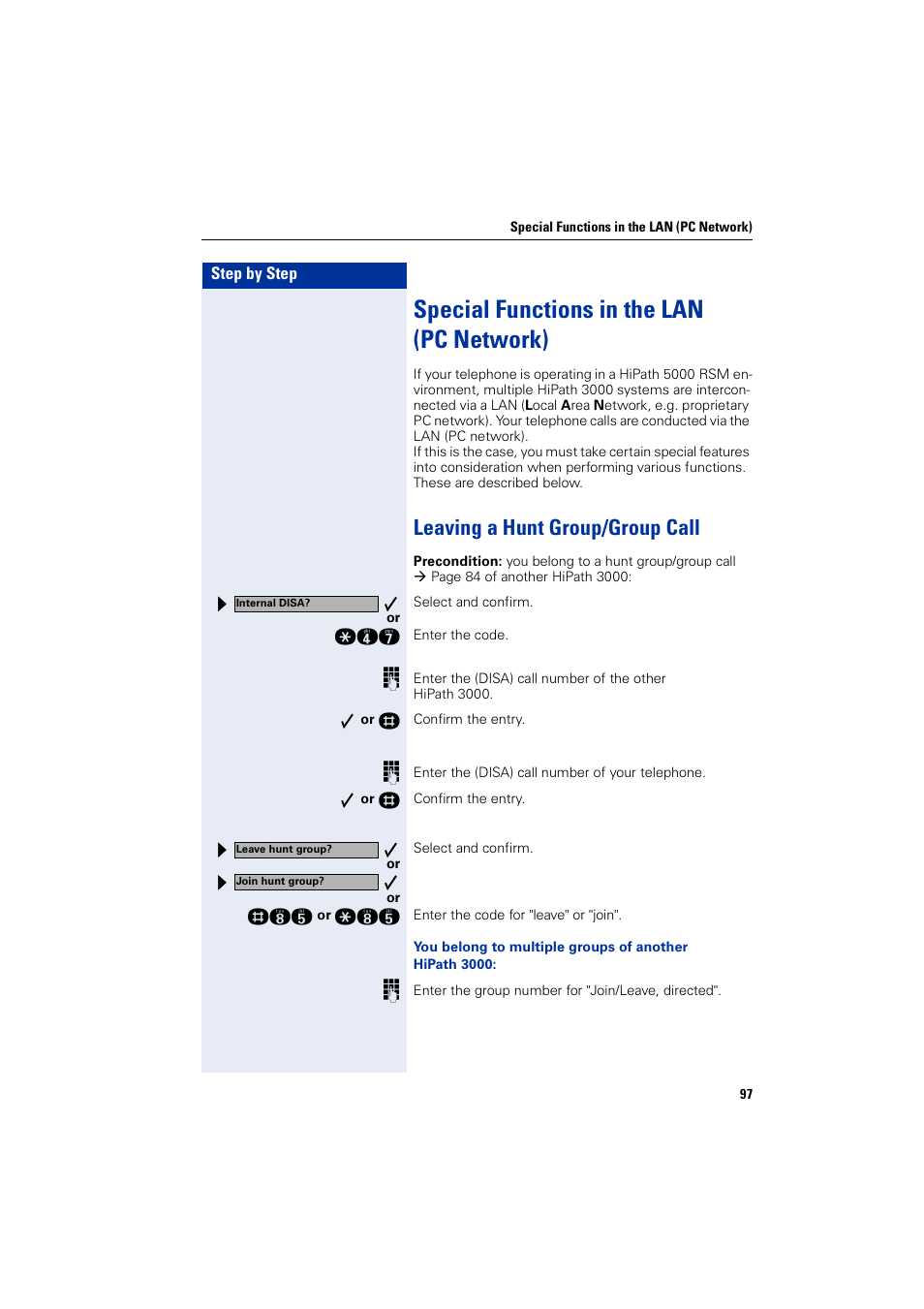 Special functions in the lan (pcnetwork), Leaving a hunt group/group call, Special functions in the lan (pc network) | Siemens optiPoint 400 User Manual | Page 97 / 119