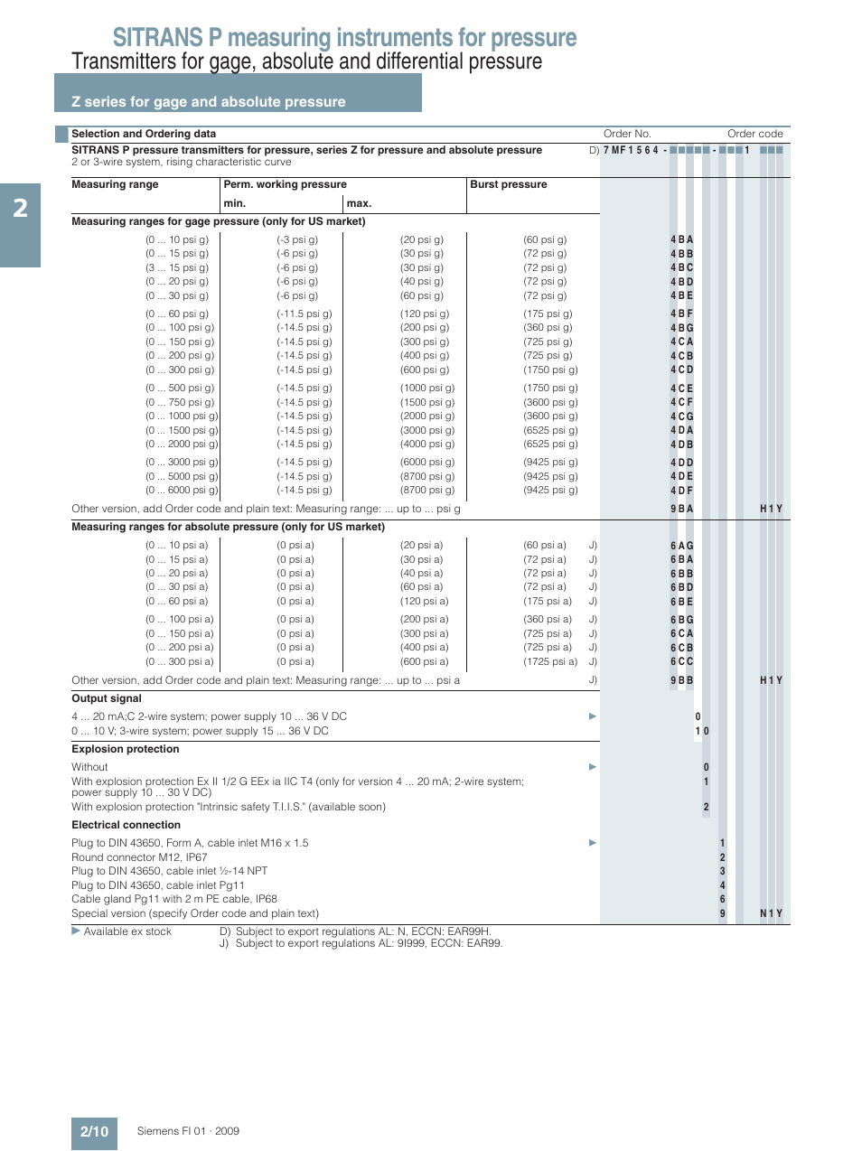 Sitrans p measuring instruments for pressure, Z series for gage and absolute pressure 2/10 | Siemens SITRANS P User Manual | Page 10 / 234