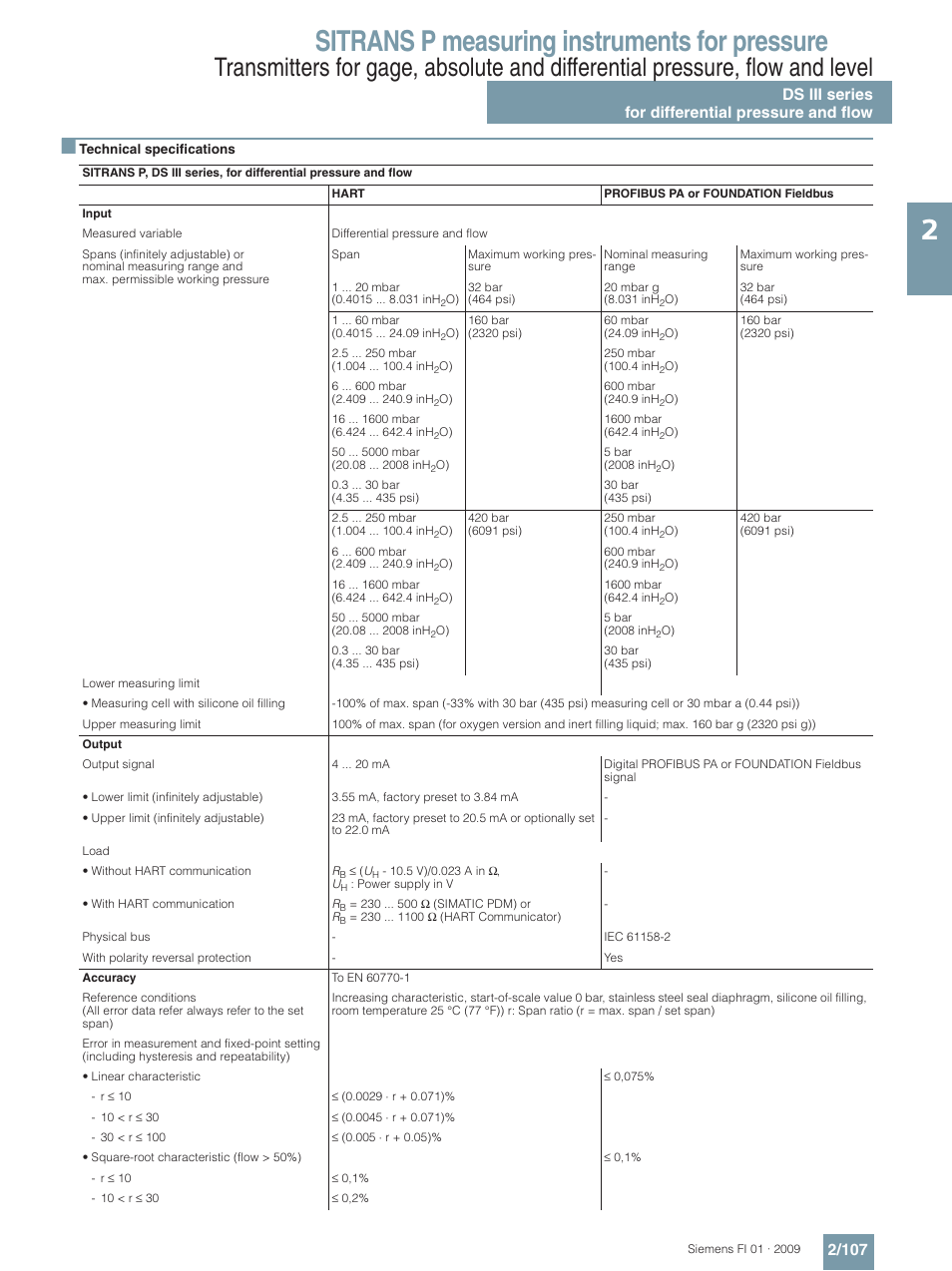 For differential pressure and flow, Sitrans p measuring instruments for pressure | Siemens SITRANS P User Manual | Page 107 / 234