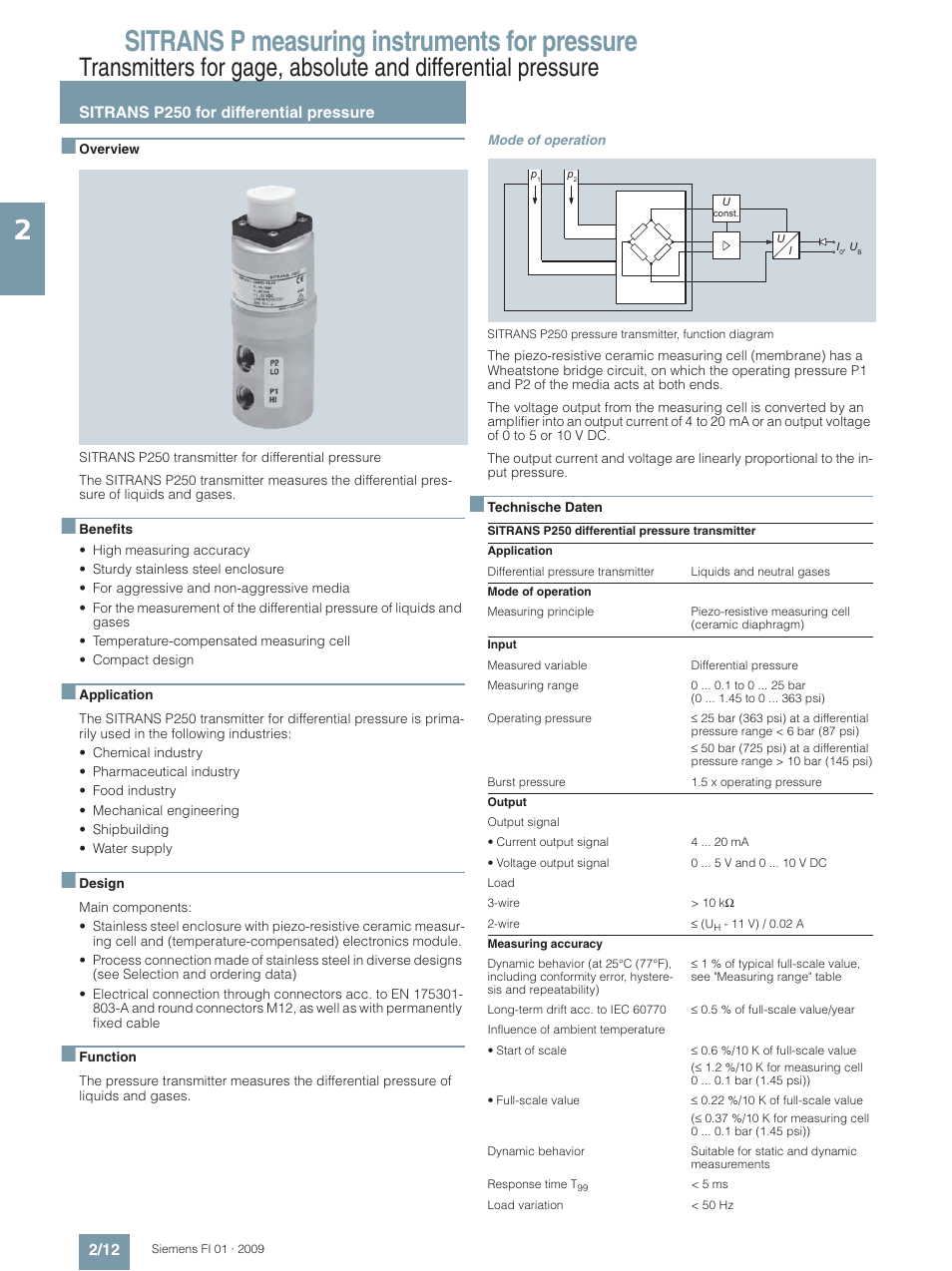 Sitrans p250 for differential pressure, Sitrans p measuring instruments for pressure | Siemens SITRANS P User Manual | Page 12 / 234