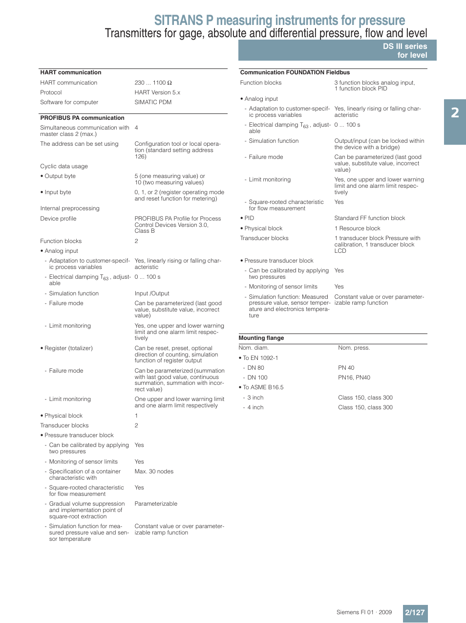 Sitrans p measuring instruments for pressure, Ds iii series for level 2/127 | Siemens SITRANS P User Manual | Page 127 / 234