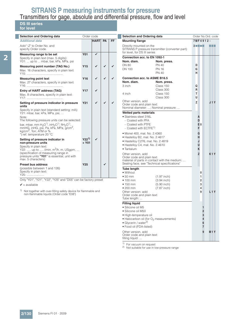 Sitrans p measuring instruments for pressure, Ds iii series for level 2/130 | Siemens SITRANS P User Manual | Page 130 / 234