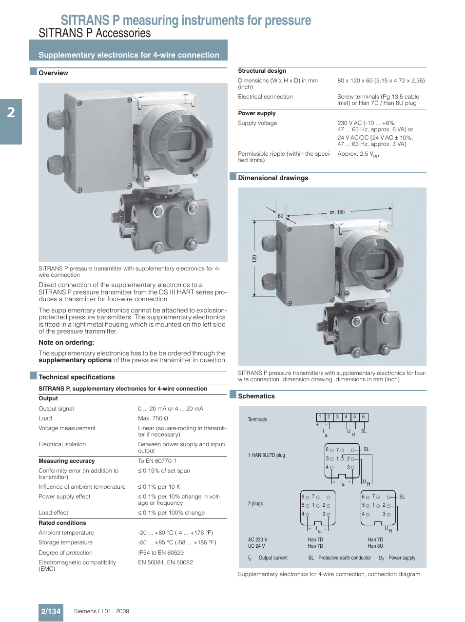 Sitrans p accessories, Supplementary electronics for 4-wire connection, Sitrans p measuring instruments for pressure | Siemens SITRANS P User Manual | Page 134 / 234