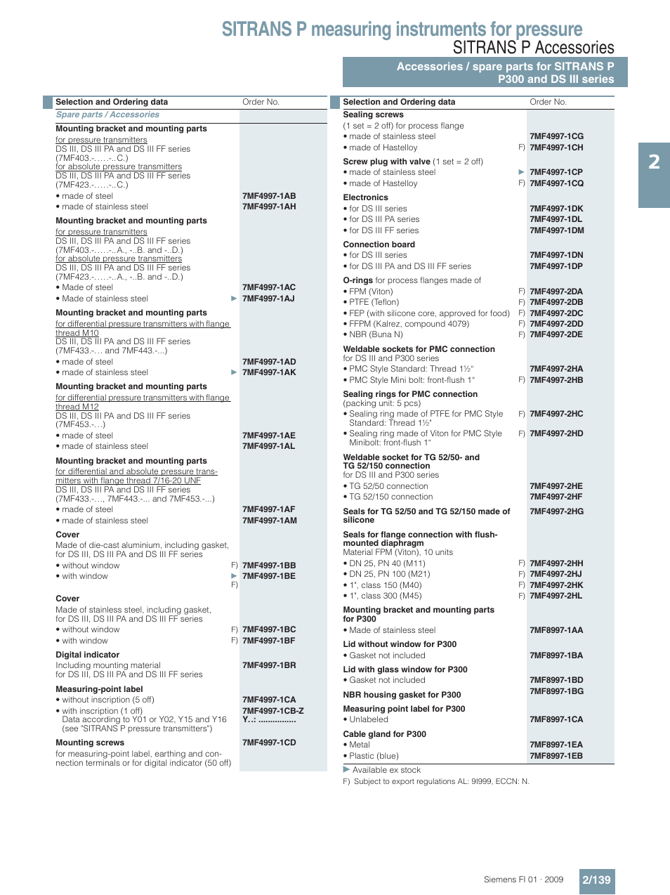 Sitrans p measuring instruments for pressure, Sitrans p accessories | Siemens SITRANS P User Manual | Page 139 / 234