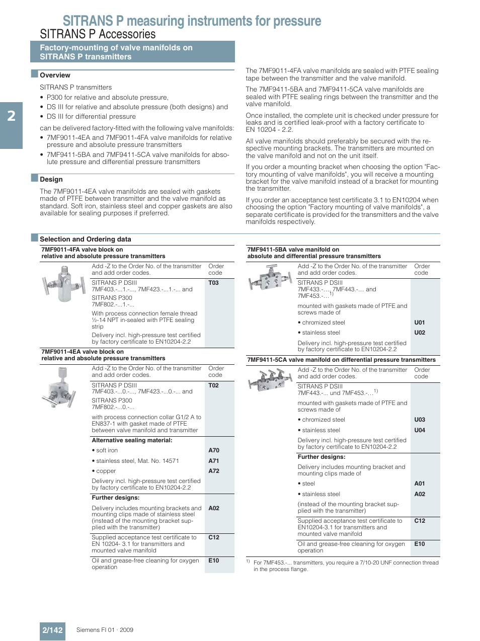 Sitrans p measuring instruments for pressure, Sitrans p accessories | Siemens SITRANS P User Manual | Page 142 / 234