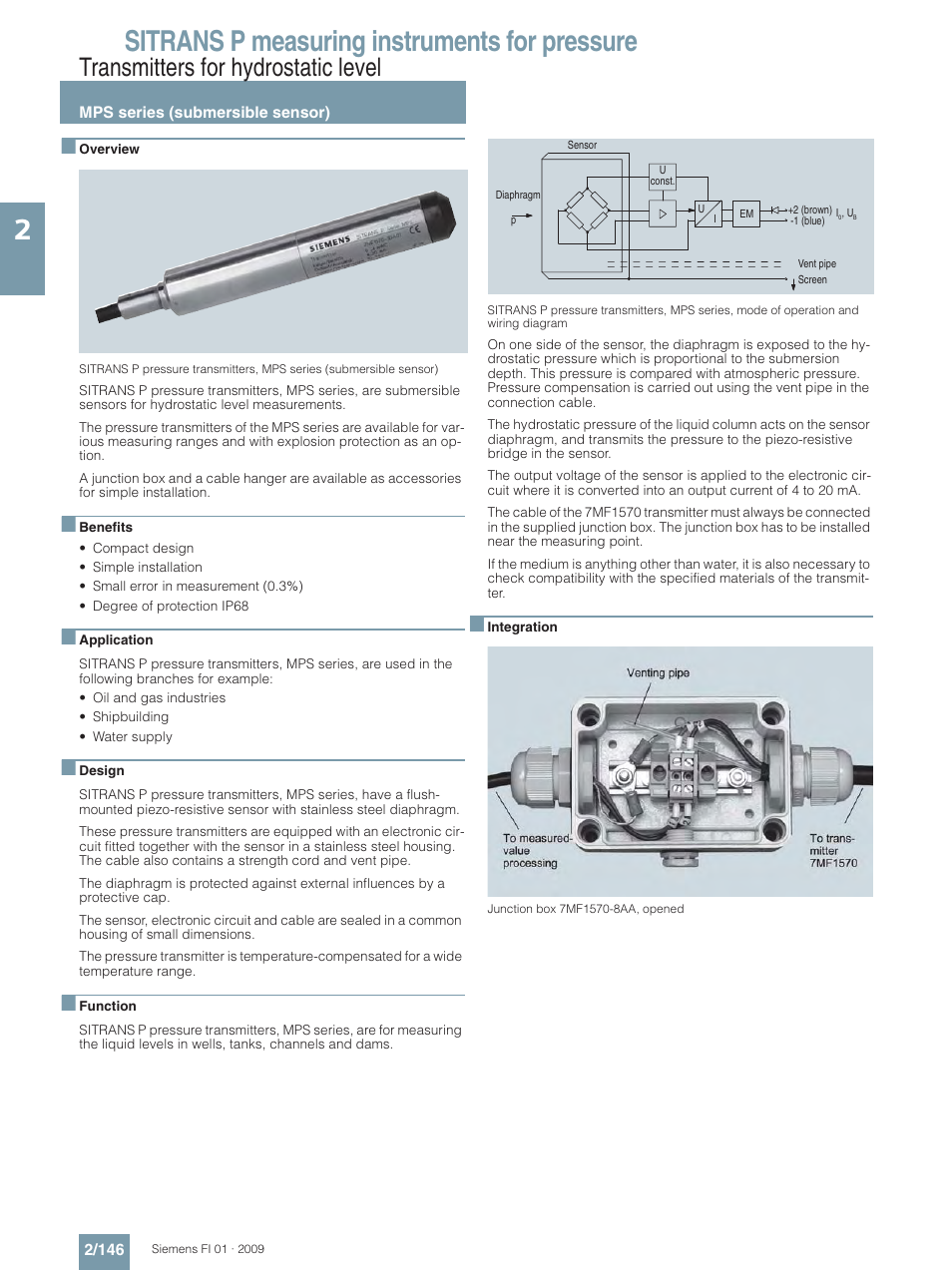 Transmitters for hydrostatic level, Mps series (submersible sonsor), Sitrans p measuring instruments for pressure | Siemens SITRANS P User Manual | Page 146 / 234