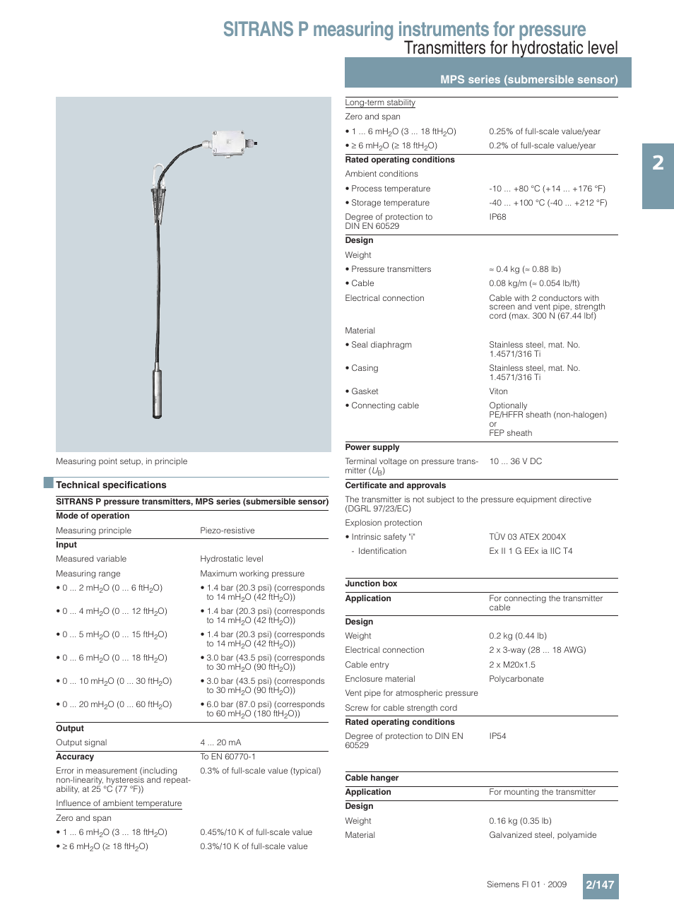 Sitrans p measuring instruments for pressure, Transmitters for hydrostatic level, Mps series (submersible sensor) 2/147 | Siemens SITRANS P User Manual | Page 147 / 234