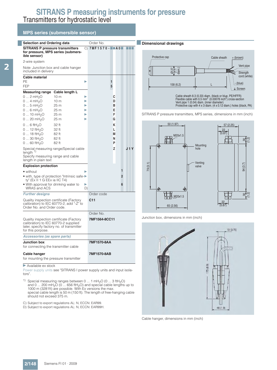 Sitrans p measuring instruments for pressure, Transmitters for hydrostatic level, Mps series (submersible sensor) 2/148 | Siemens SITRANS P User Manual | Page 148 / 234