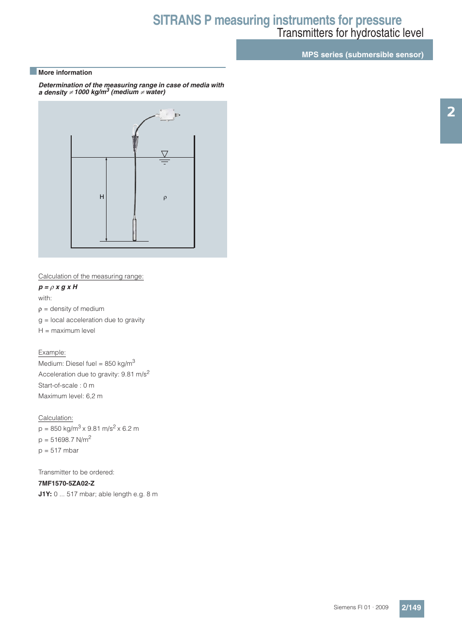 Sitrans p measuring instruments for pressure, Transmitters for hydrostatic level | Siemens SITRANS P User Manual | Page 149 / 234