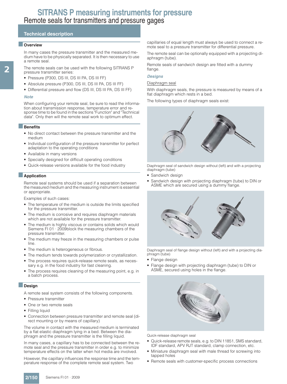 Remote seals for transmitters and pressure gages, Technical description, Sitrans p measuring instruments for pressure | Siemens SITRANS P User Manual | Page 150 / 234