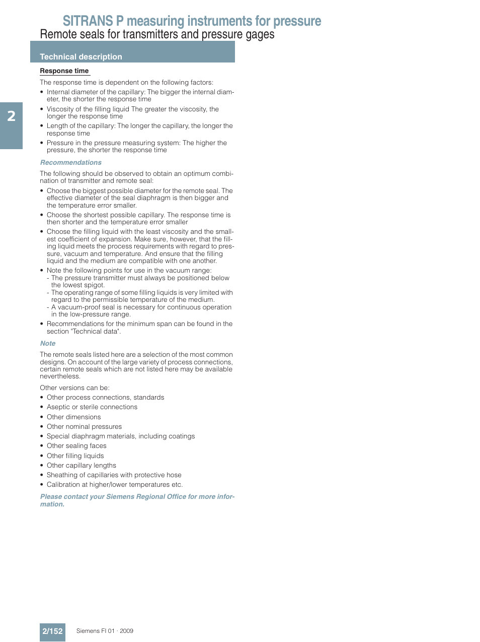 Sitrans p measuring instruments for pressure, Remote seals for transmitters and pressure gages | Siemens SITRANS P User Manual | Page 152 / 234