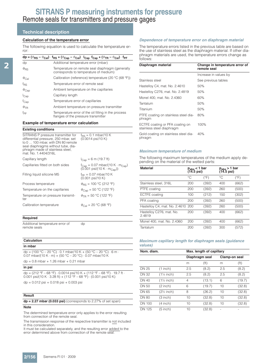 Sitrans p measuring instruments for pressure, Remote seals for transmitters and pressure gages, Technical description 2/156 | Siemens SITRANS P User Manual | Page 156 / 234