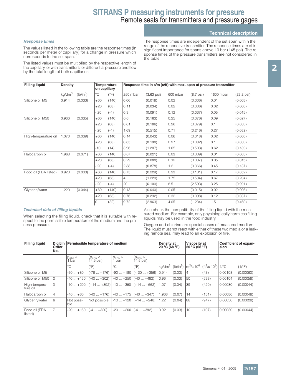 Sitrans p measuring instruments for pressure, Remote seals for transmitters and pressure gages, Technical description 2/157 | Siemens SITRANS P User Manual | Page 157 / 234